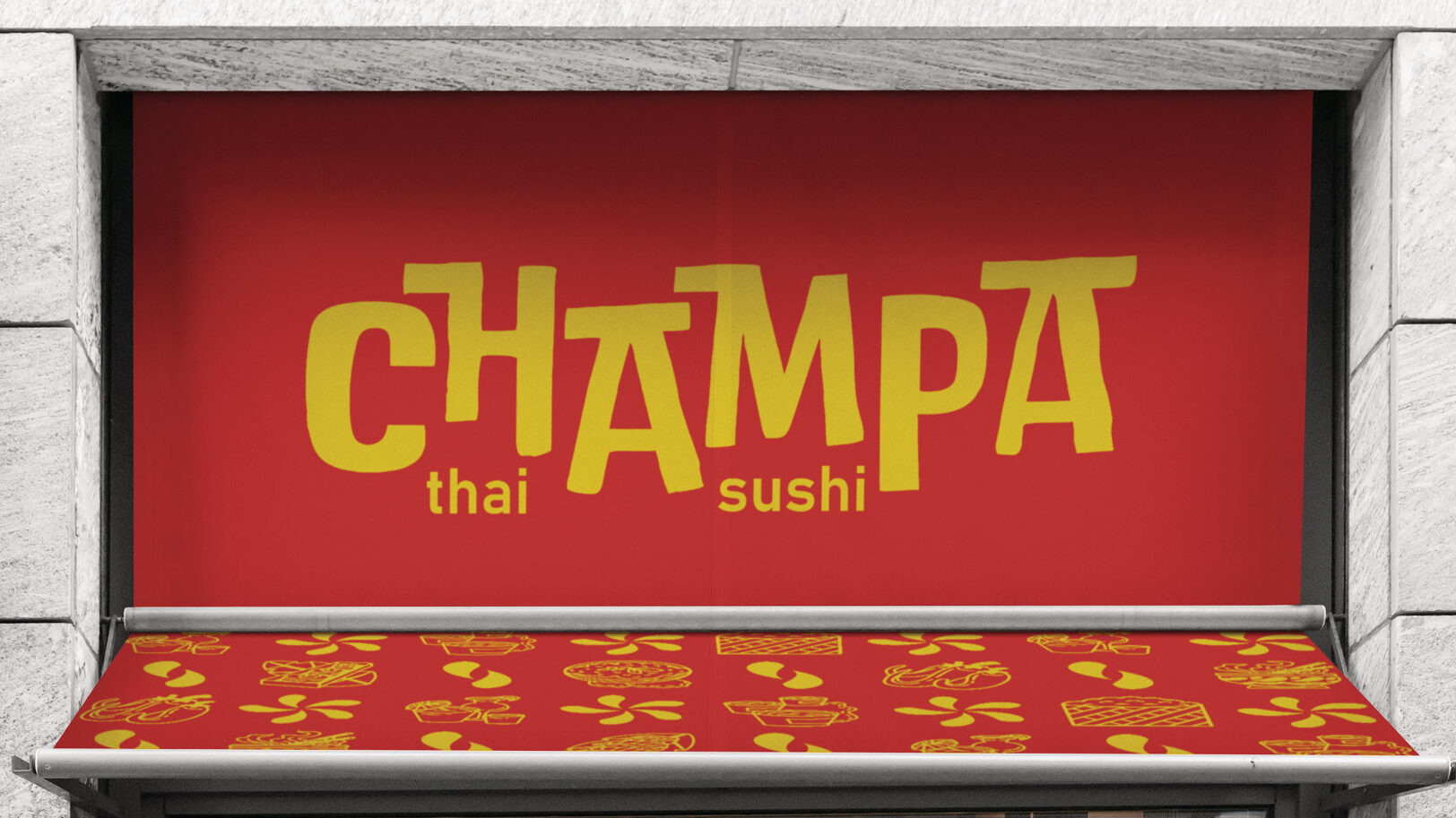 Store front with red background and yellow patterns.