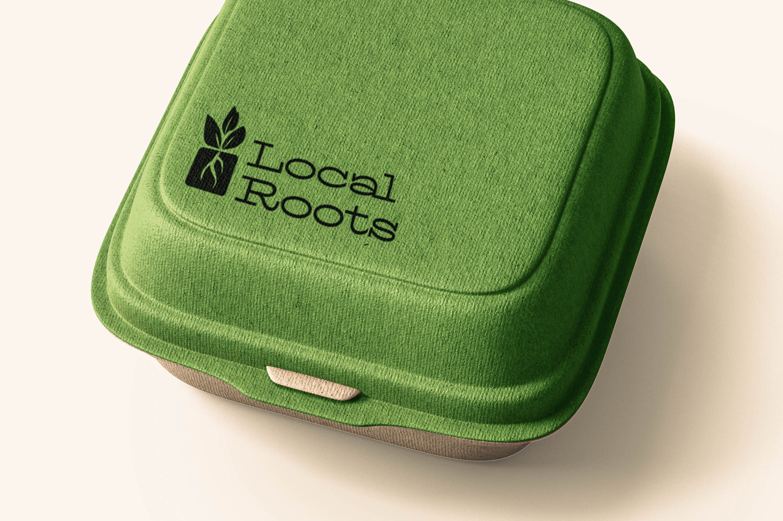 Green-dyed takeout box with black logo in the corner.